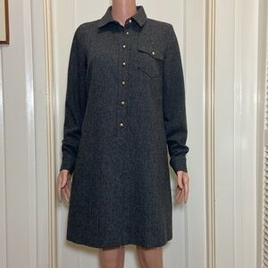 J. Crew Black and Gray Long Sleeve Button Down Lined Midi Dress